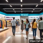 옴니채널 경험에서의 고객 스트리밍 데이터 활용 - A modern omnichannel retail environment showing a diverse group of Brazilian shoppers interacting se...