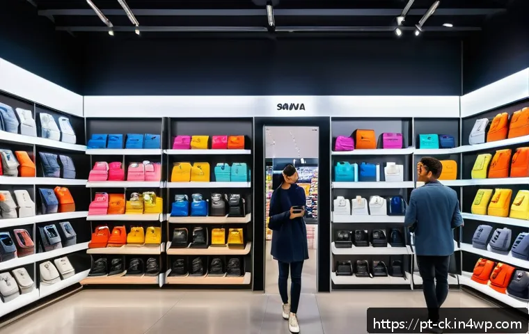 옴니채널 고객 경험 개선을 위한 세일즈 전략 - A modern retail store interior blending physical and digital shopping experiences, showing a diverse...
